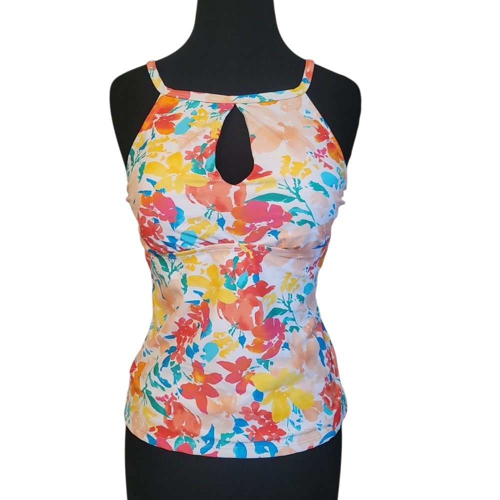 EUC Ellen Tracy High Neck Keyhole Floral Tankini Top, Size 8 - Picture 2 of 6